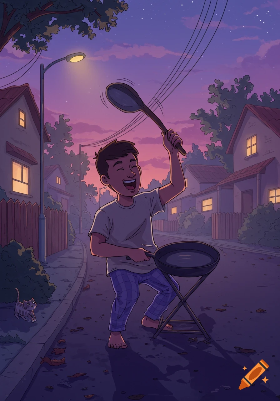Cartoon illustration of a boy happily banging a frying pan with a spoon on a street at night, with a cat nearby.