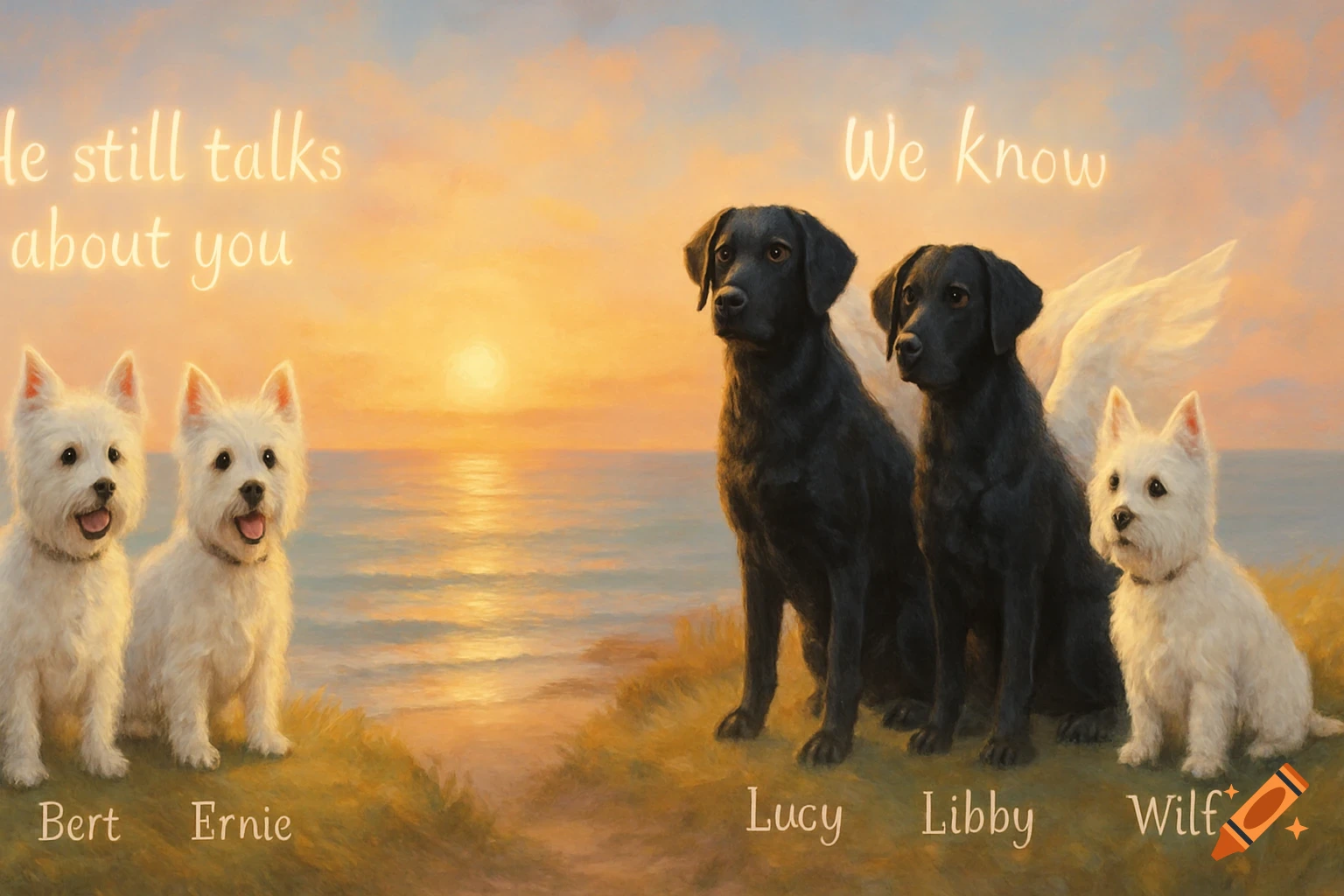 Two white Westies and three Labradors, two with angel wings, sit on a grassy cliff overlooking a sunset ocean. Text reads "He still talks about you" and "We know."