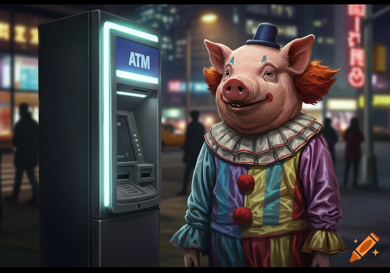 A pig with a clown's body stands next to a glowing ATM on a city street at night.