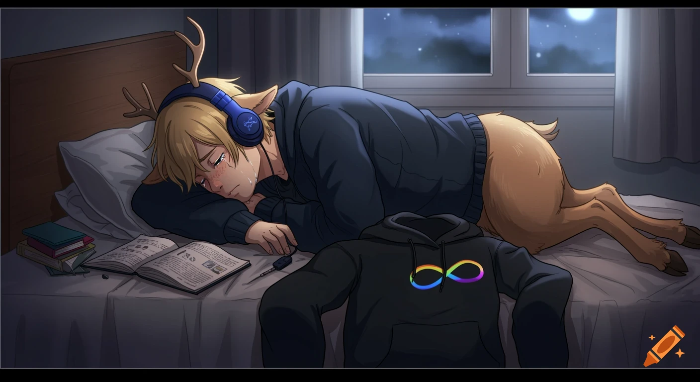 A blonde satyr with antlers and hooves, wearing blue headphones, cries softly on a bed next to a black hoodie with a rainbow infinity symbol. Anime style.