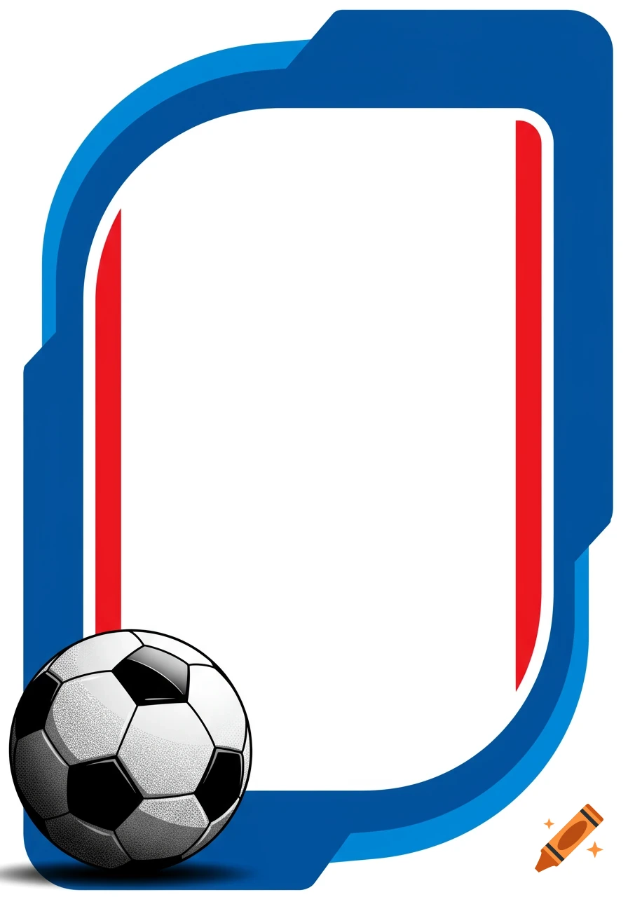 A page border design with blue and red lines, featuring a black and white soccer ball in the bottom left corner.