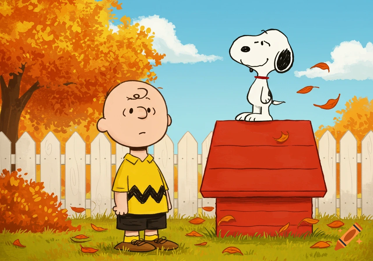 Charlie Brown looks on as Snoopy stands atop his red doghouse in an autumn yard with fallen leaves.