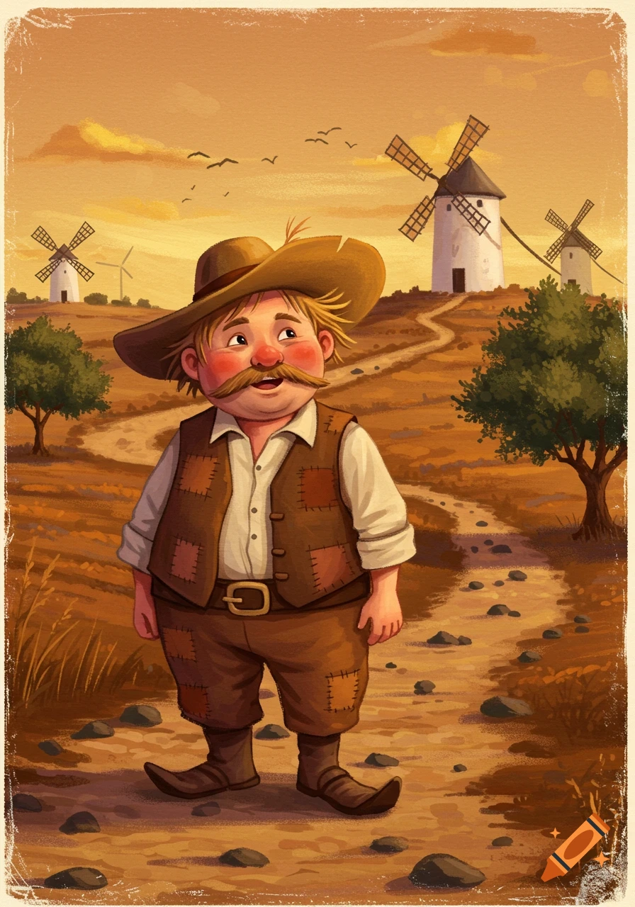 A cartoonish man with a large mustache and a hat stands on a dirt path in a rural landscape with windmills under an orange sky.