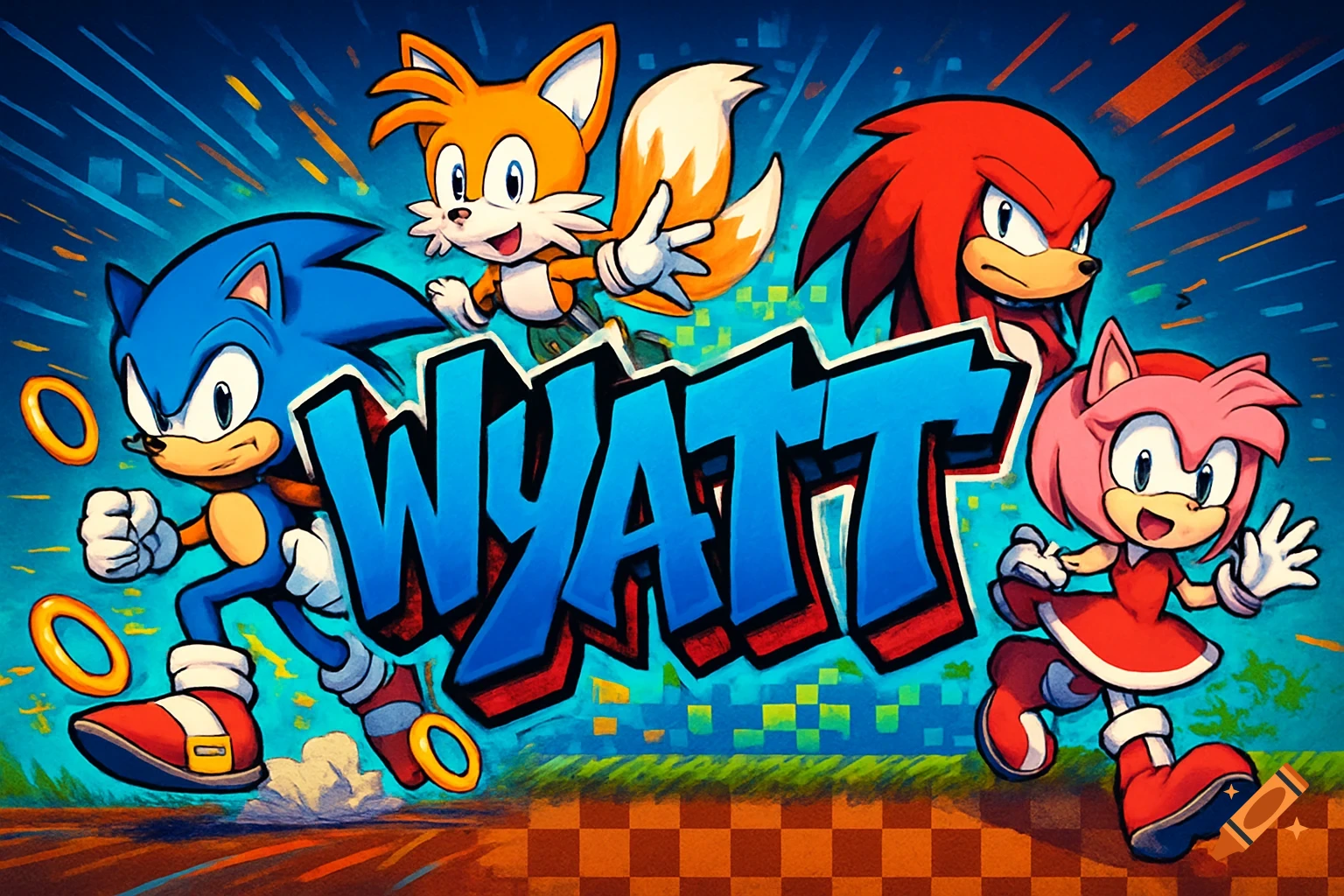 Sonic, Tails, Knuckles, and Amy Rose from Sonic the Hedgehog surround the name WYATT in a vibrant, cartoon style.