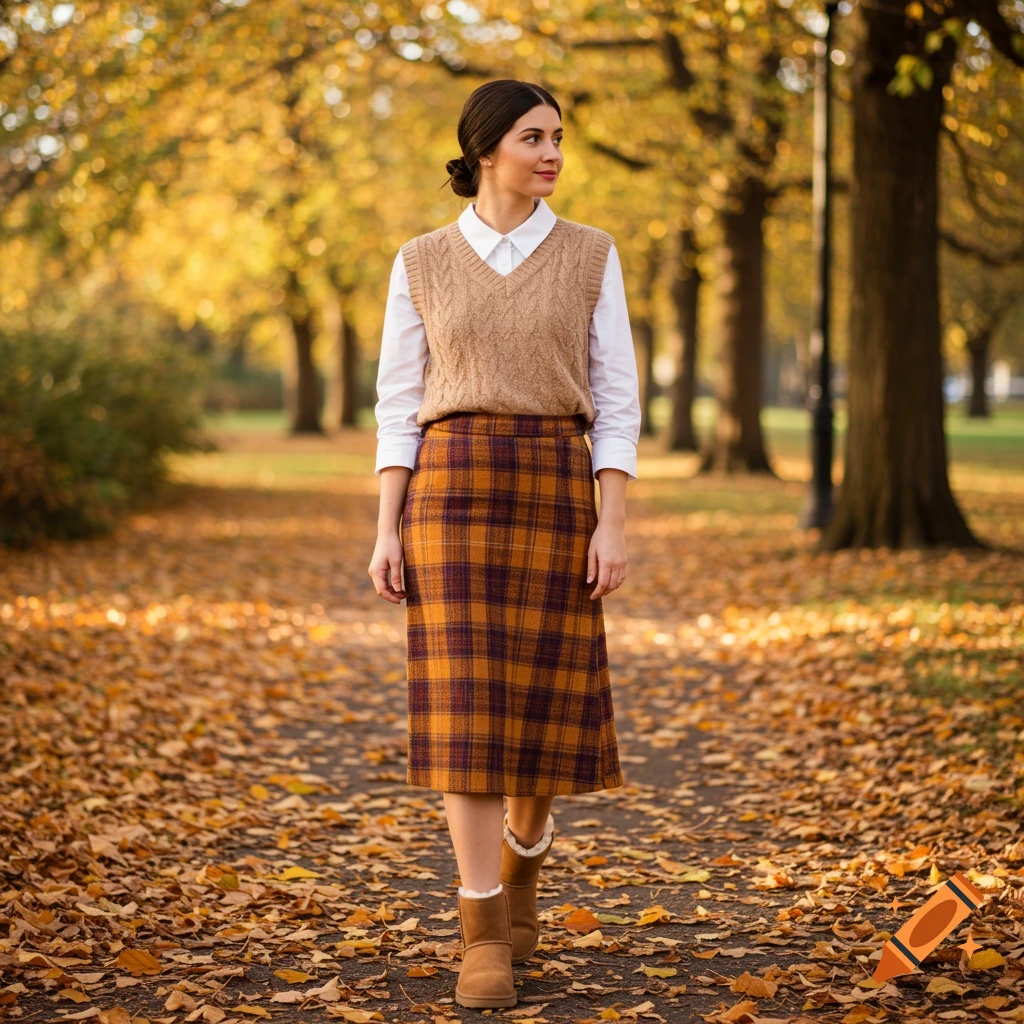 A woman in a white shirt, tan sweater vest, plaid skirt, and Ugg boots walks through an autumn park with golden trees and fallen leaves.