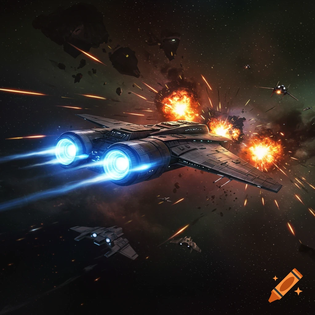 A futuristic spaceship with glowing blue engines flies through a chaotic space battle with explosions and laser fire.
