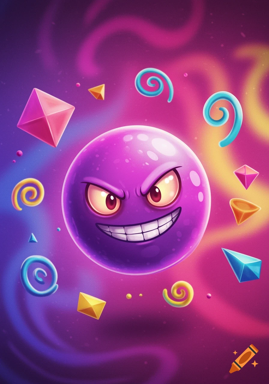 A vibrant purple cartoon character with angry eyes and sharp teeth floats amidst colorful swirling shapes and geometric objects.