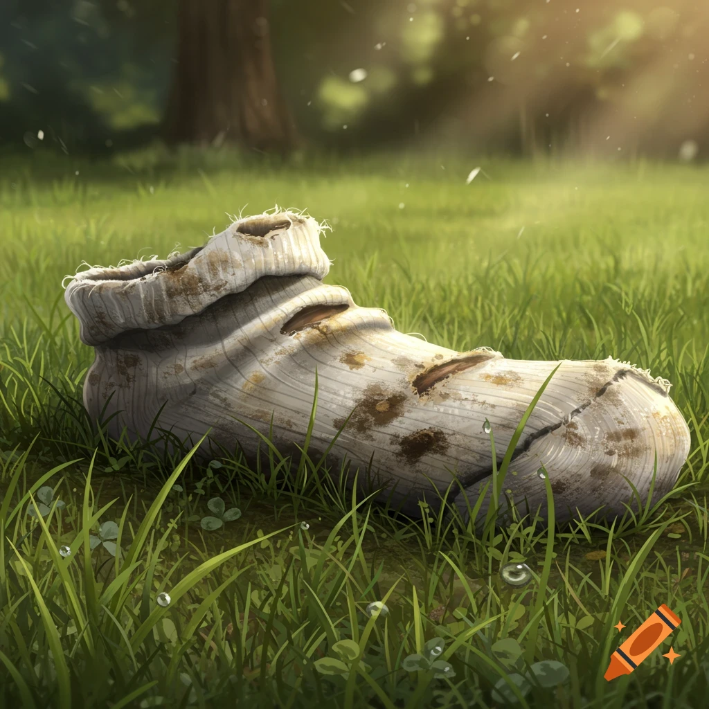 A dirty white sock with holes lies in bright green grass with dew drops, trees blurred in the background, digital painting.