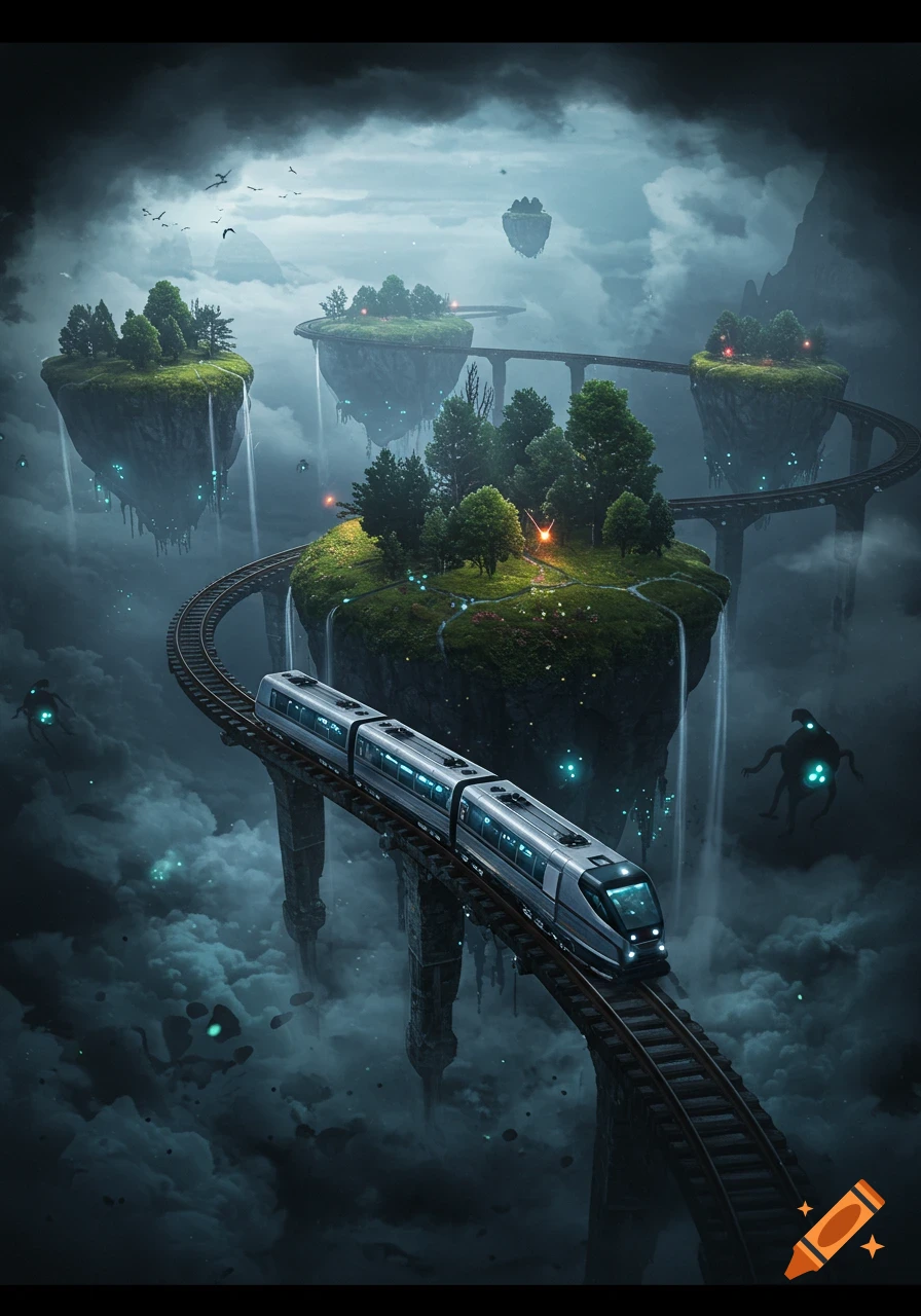 A futuristic train travels on tracks connecting lush green floating islands in a dark, cloudy sky, concept art.