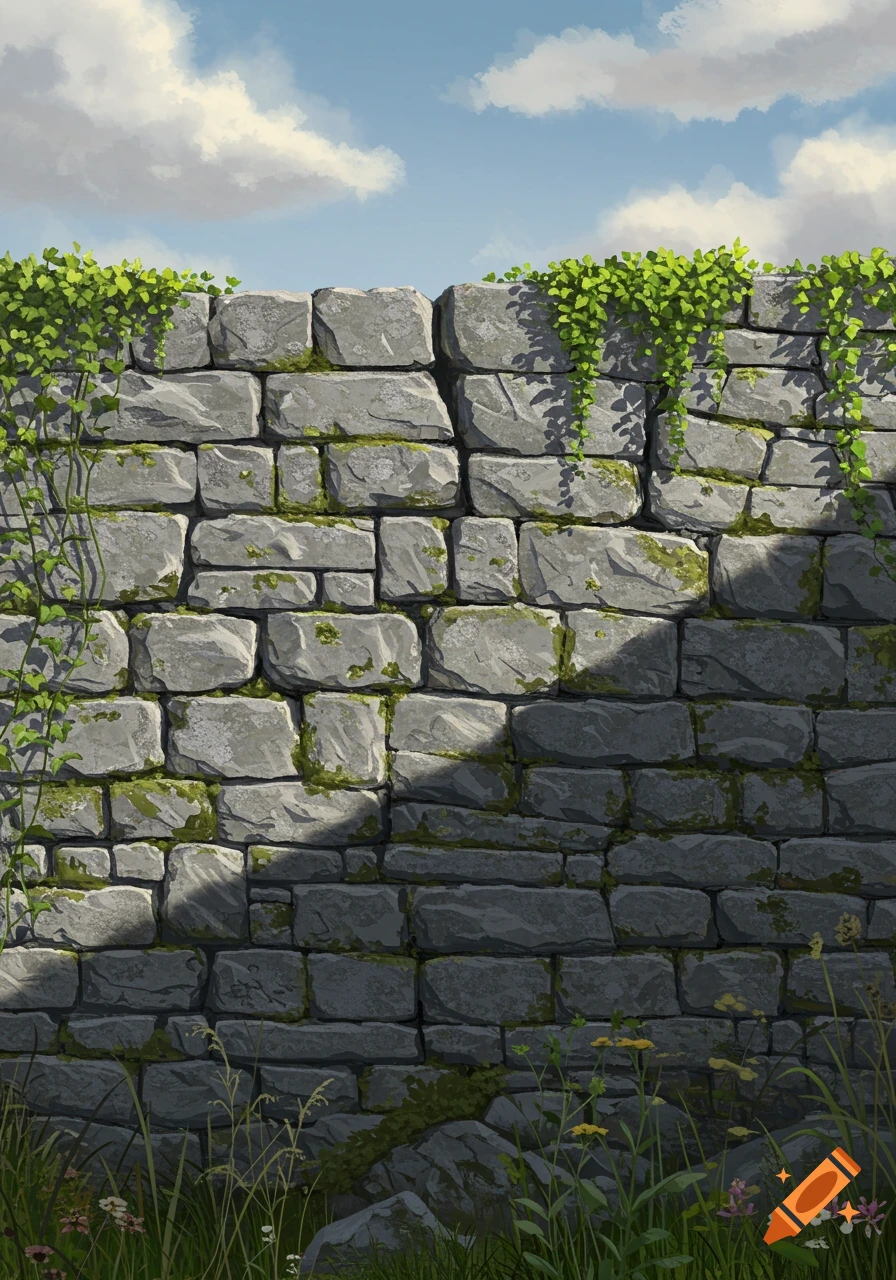 A tall grey stone wall covered in green ivy and moss, with grass and wildflowers at its base, under a blue sky with white clouds.