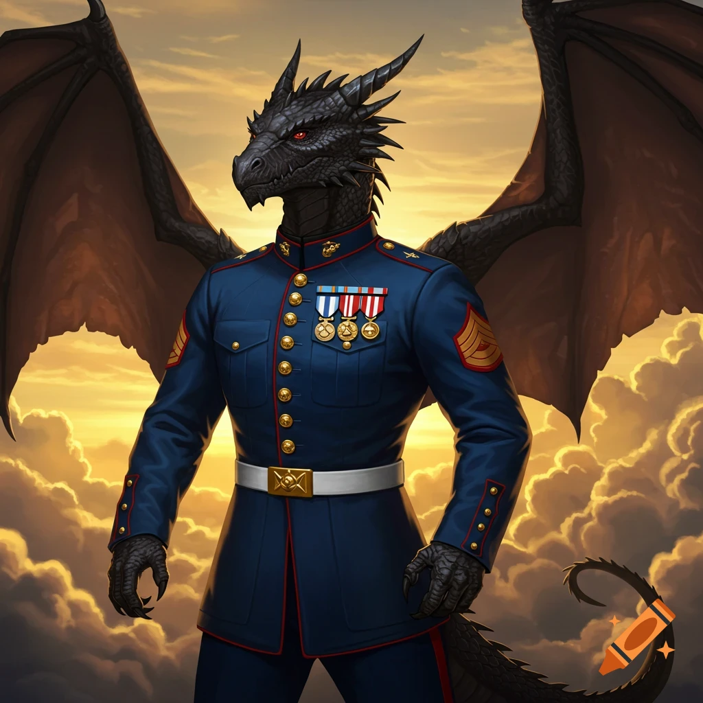 A majestic black dragon stands wearing a dark blue US Marine dress uniform with medals and large wings against a cloudy golden sunset sky.