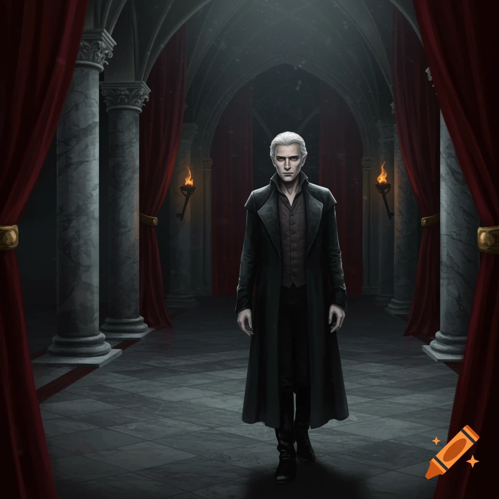 A pale man with white hair, wearing a long dark coat, walks down a grand gothic hall with red curtains and pillars.