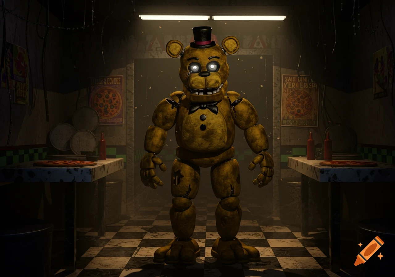 A golden animatronic bear with glowing eyes, wearing a black top hat and bow tie, stands in a dark, grimy pizza restaurant.