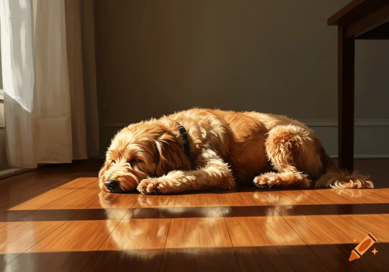 A golden doodle dog peacefully sleeping on a sunlit hardwood floor next to a window.