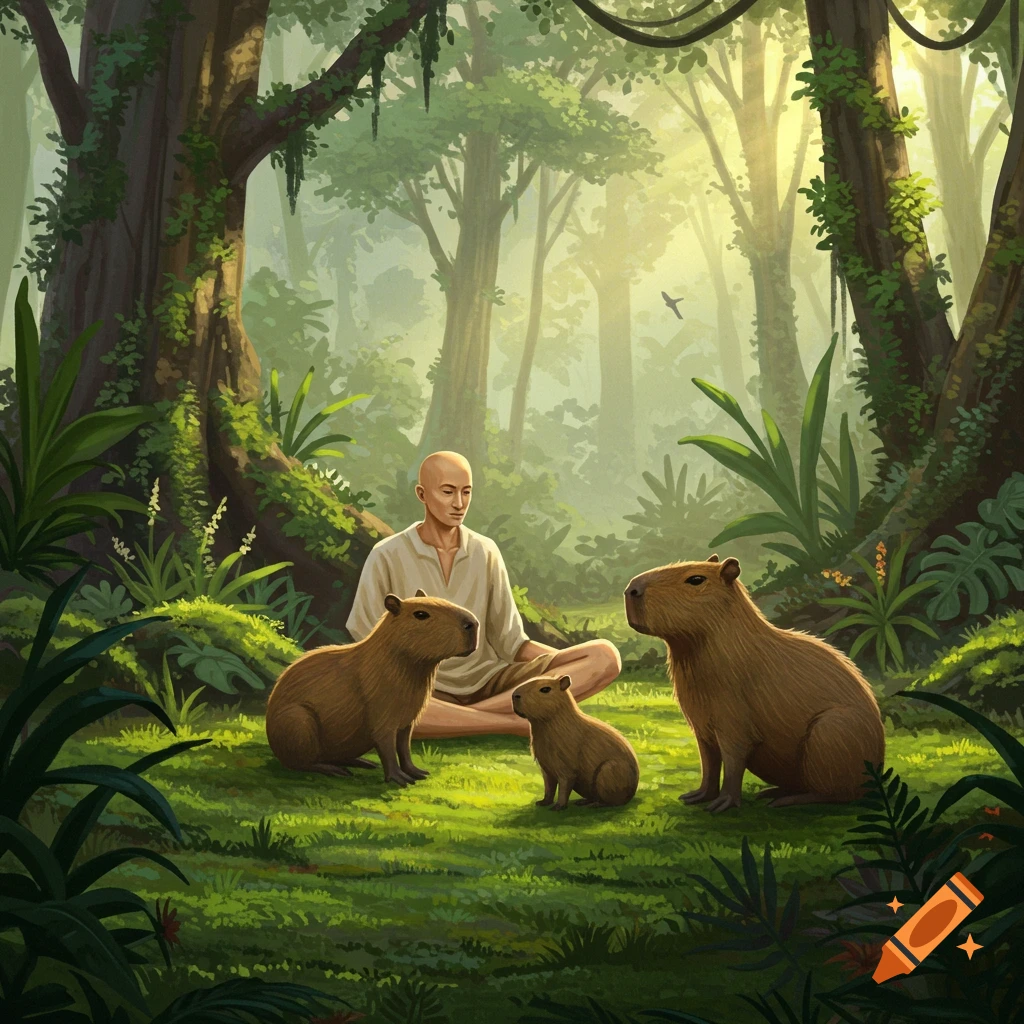 An illustrative scene of a bald man meditating in a sunlit rainforest clearing, surrounded by three calm capybaras.