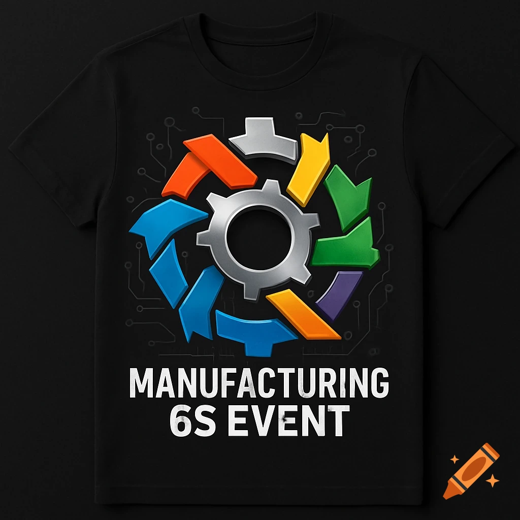 Black t-shirt with a colorful industrial logo featuring a gear surrounded by arrows and text 'MANUFACTURING 6S EVENT'.