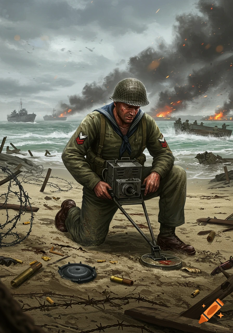 A soldier in WWII uniform kneels on a war-torn beach, operating a mine detector amidst barbed wire, shell casings, and explosions in the background.