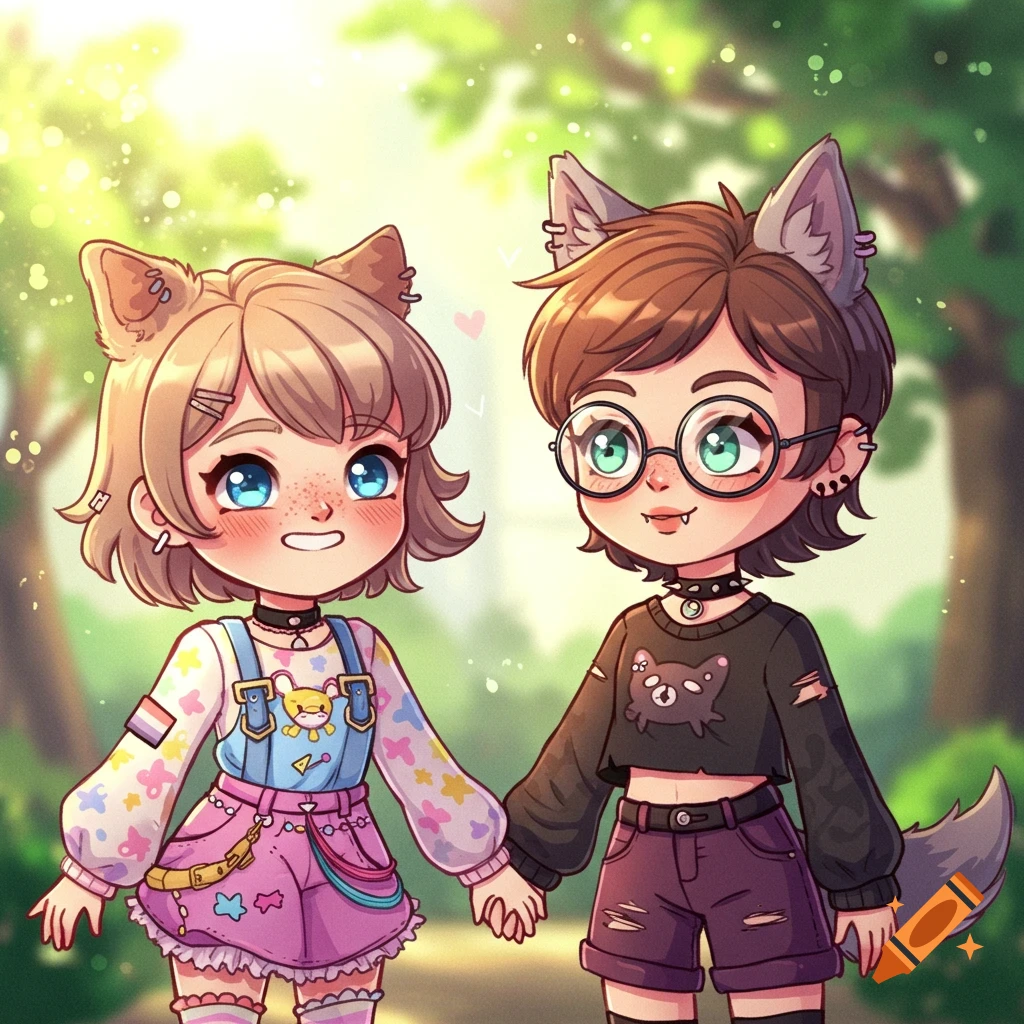 Two cute anime girls, one with cat ears and the other with wolf ears and a tail, hold hands on a sunny path in a park.