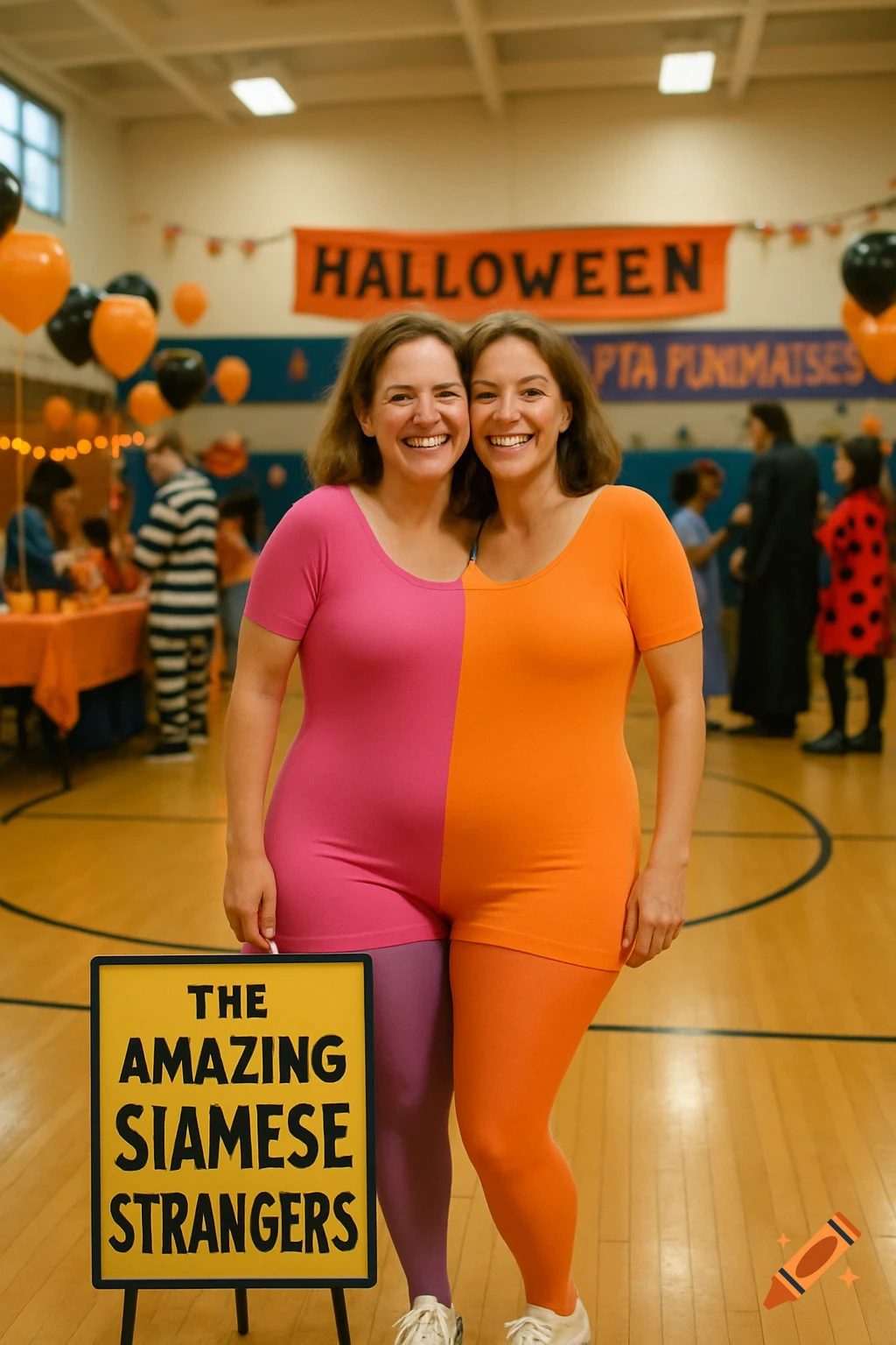 Two women merged into a single figure with a two-headed illusion, wearing a pink and orange leotard with matching tights at a Halloween fundraiser. A sign in front reads "The Amazing Siamese Strangers."