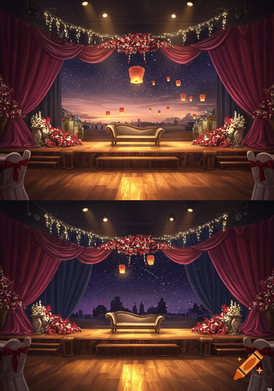 A decorated stage with red curtains, flowers, string lights, and a white sofa, set against a starry night sky with floating lanterns.