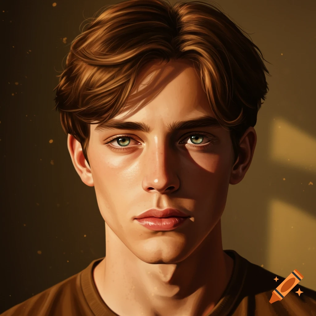 Close-up portrait of a young Caucasian man with brown hair and green eyes, lit by warm, soft light with shadows.