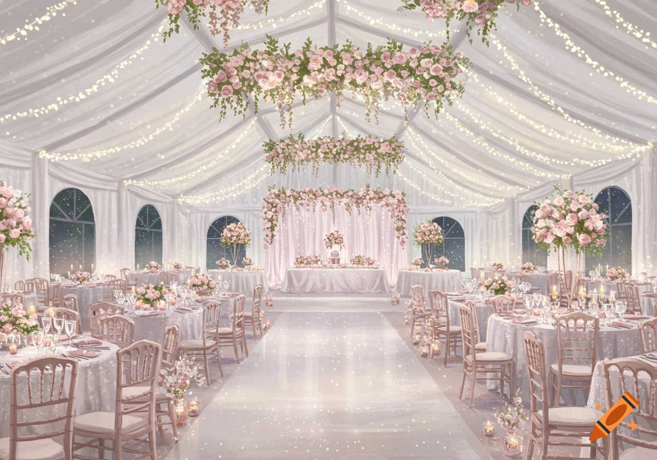 An elegant white wedding or event tent decorated with pink roses, string lights, and tables set for guests.