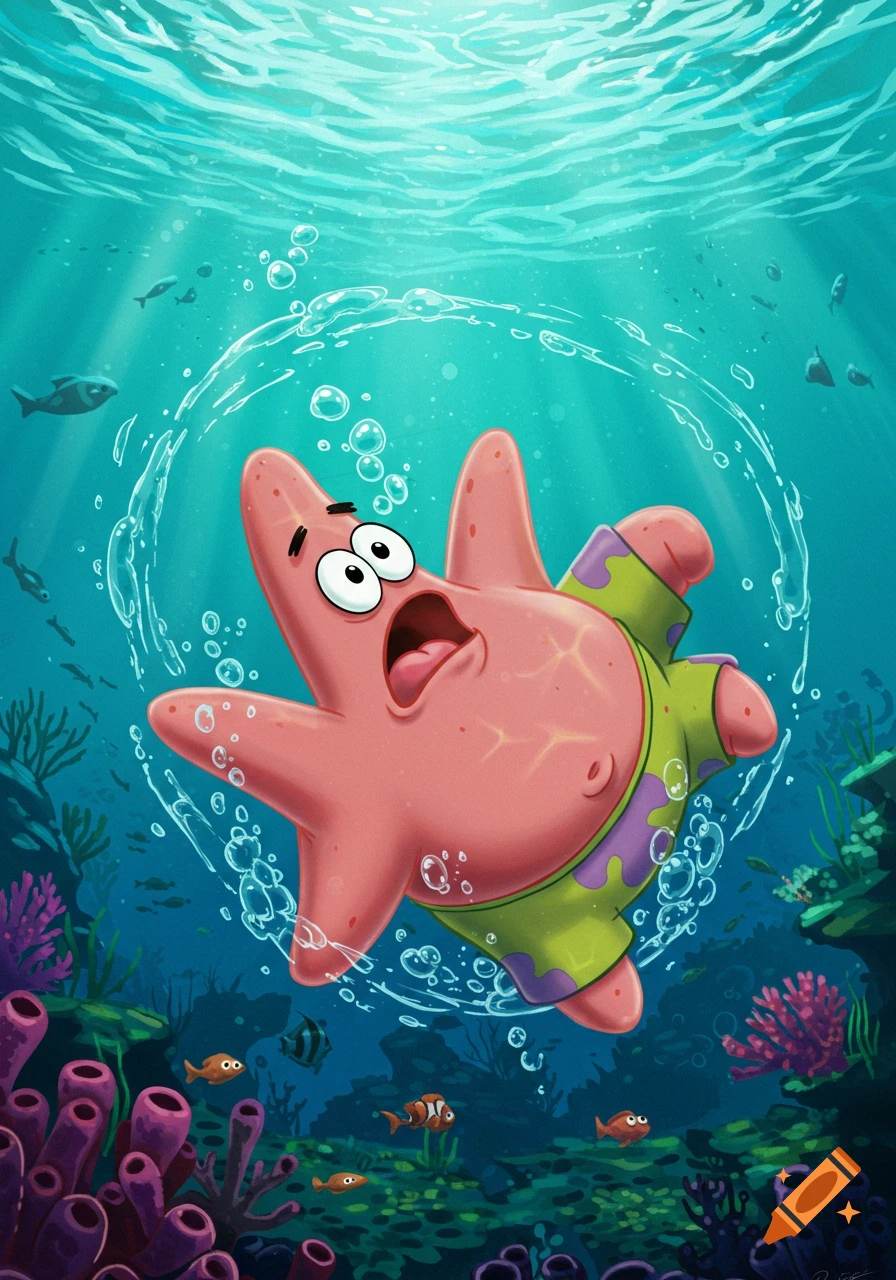 Patrick Star, a pink starfish wearing green and purple shorts, floats in blue ocean water surrounded by bubbles, looking surprised. Corals and fish are visible below.