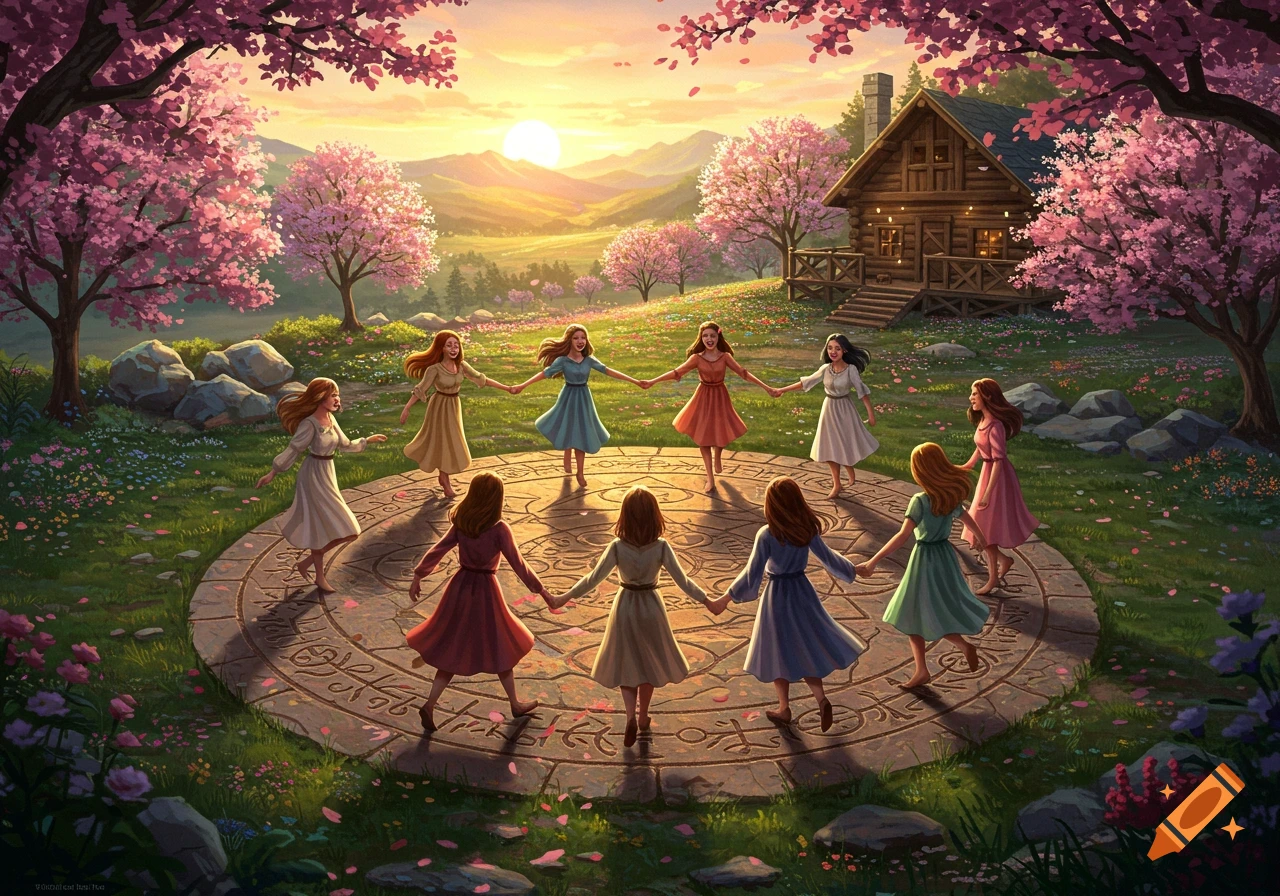 A group of women in colorful dresses dance in a circle on a stone inlay with symbols, surrounded by flowering cherry trees and a log cabin at sunset.