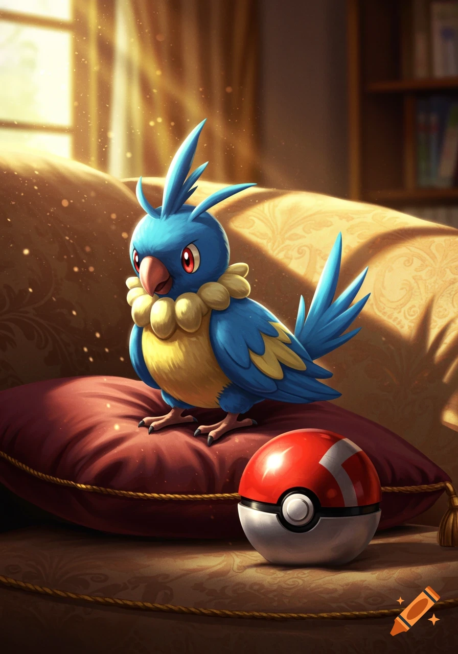 A blue Chatot Pok emon sits on a red pillow next to a Pok e Ball on a patterned couch, illuminated by warm sunlight.