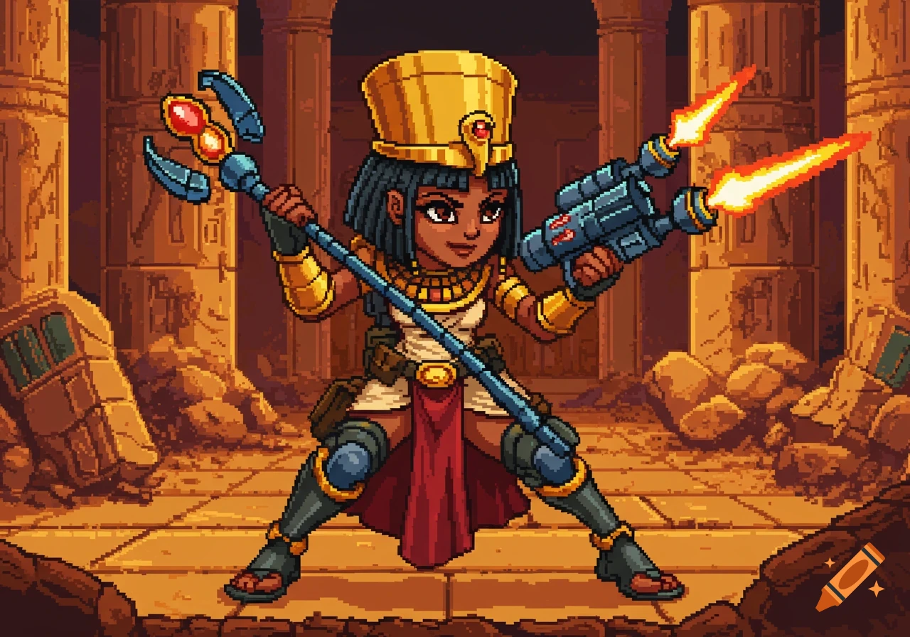 Pixel art character resembling Cleopatra with a staff and futuristic gun in ancient ruins.