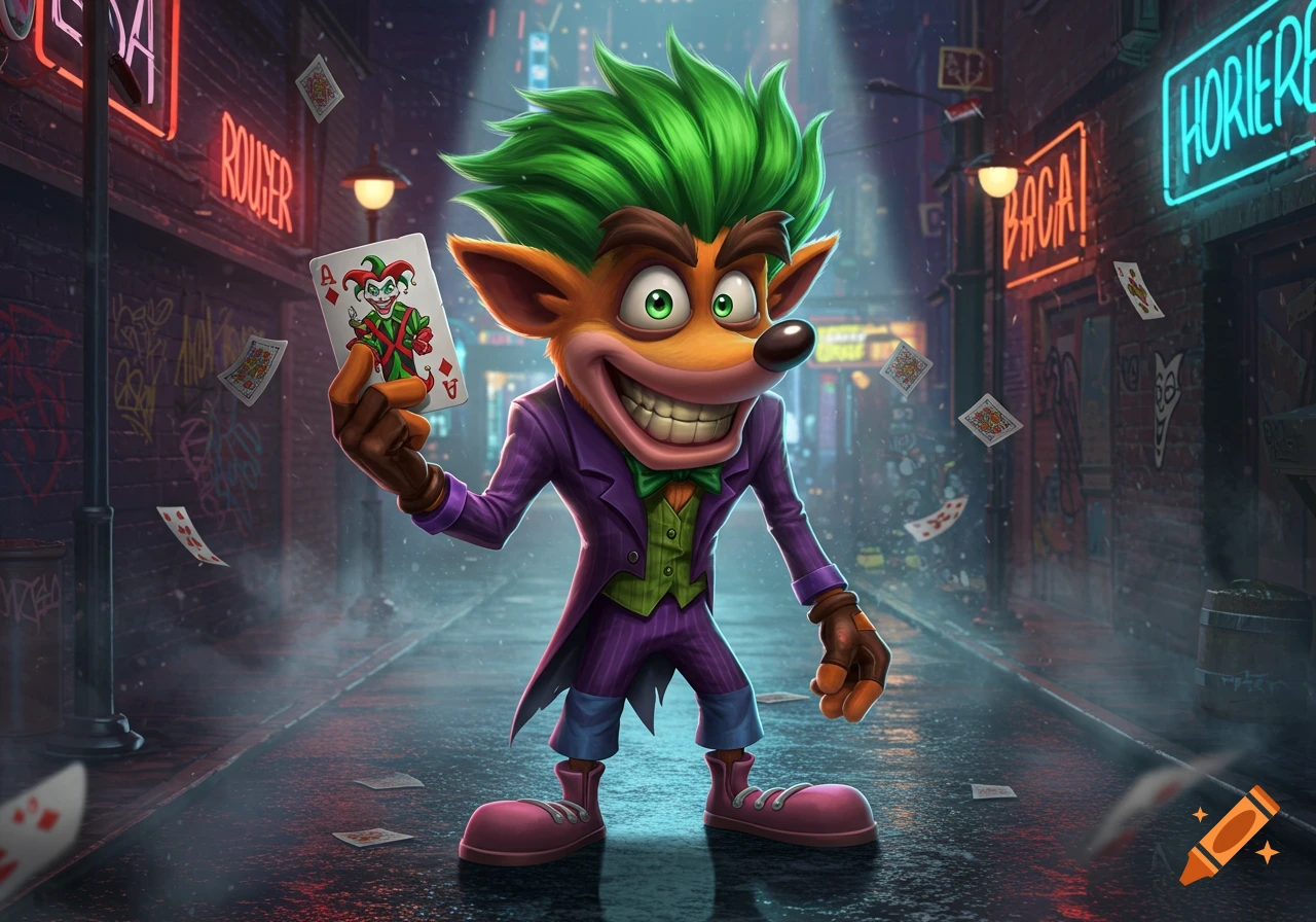 Crash Bandicoot dressed as the Joker, holding a joker playing card, stands in a dark, neon-lit city alley.