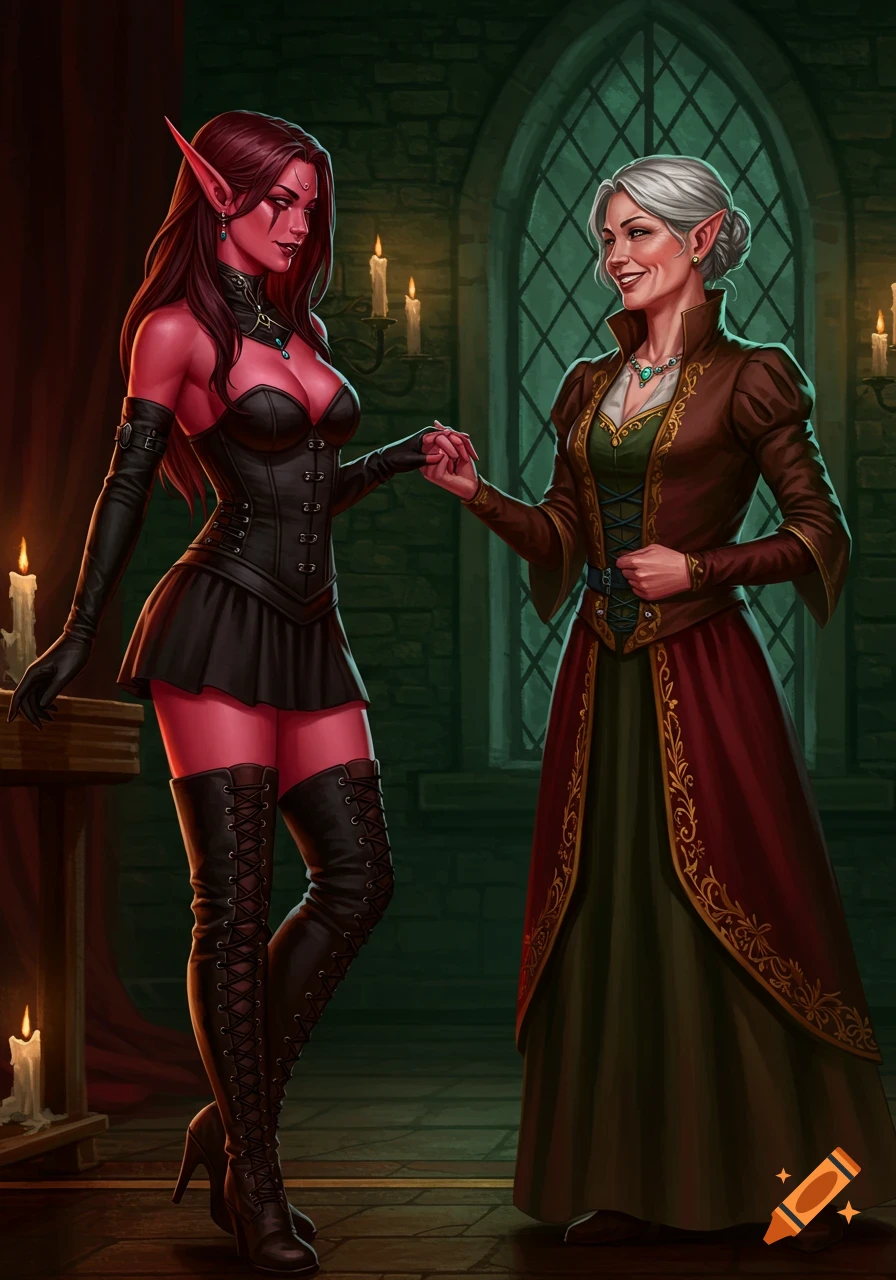 A red-skinned elf in a black corset and an older woman in a noble's dress hold hands and smile in a candlelit gothic room. Digital art.