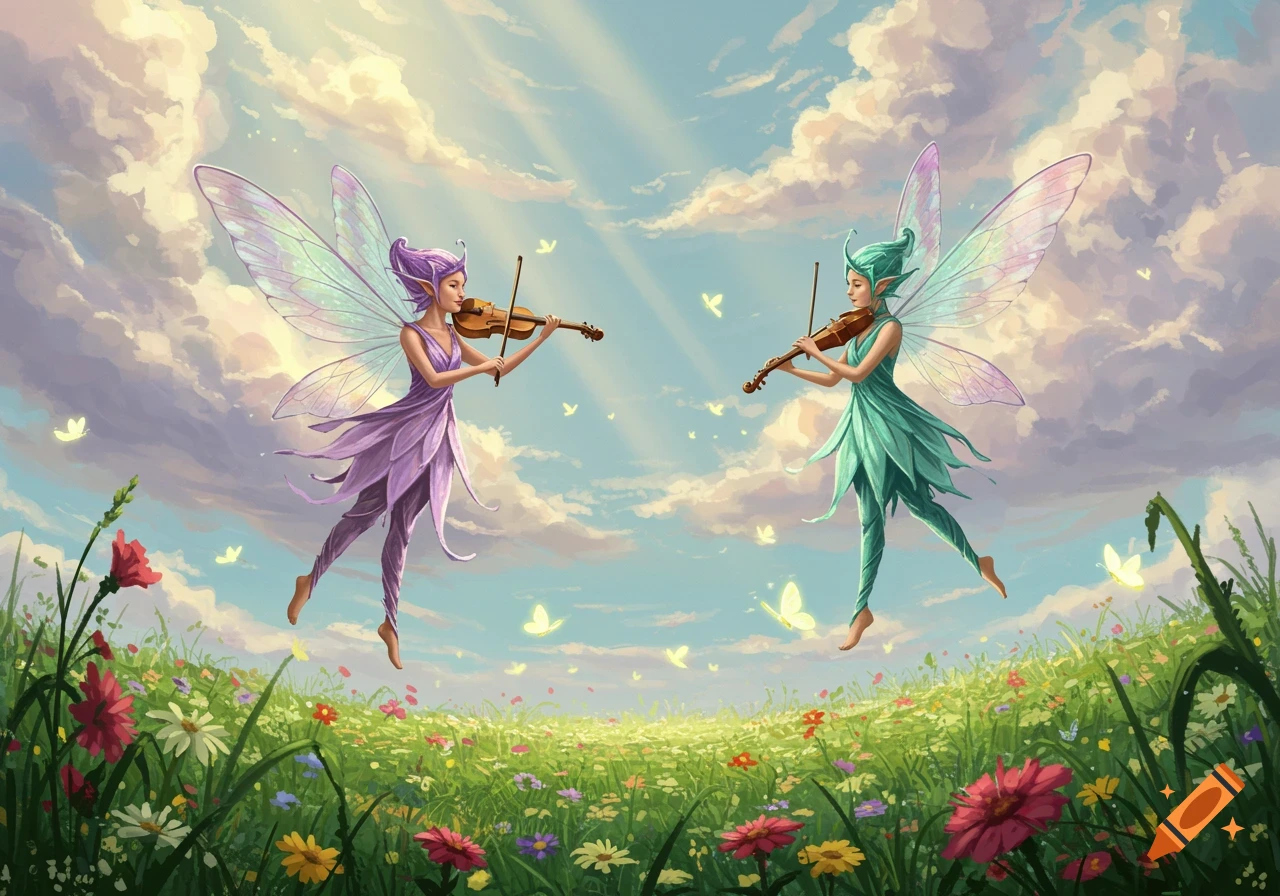 Two colorful fairies with iridescent wings float above a vibrant flower field, playing violins under a sunny, cloudy sky with butterflies.