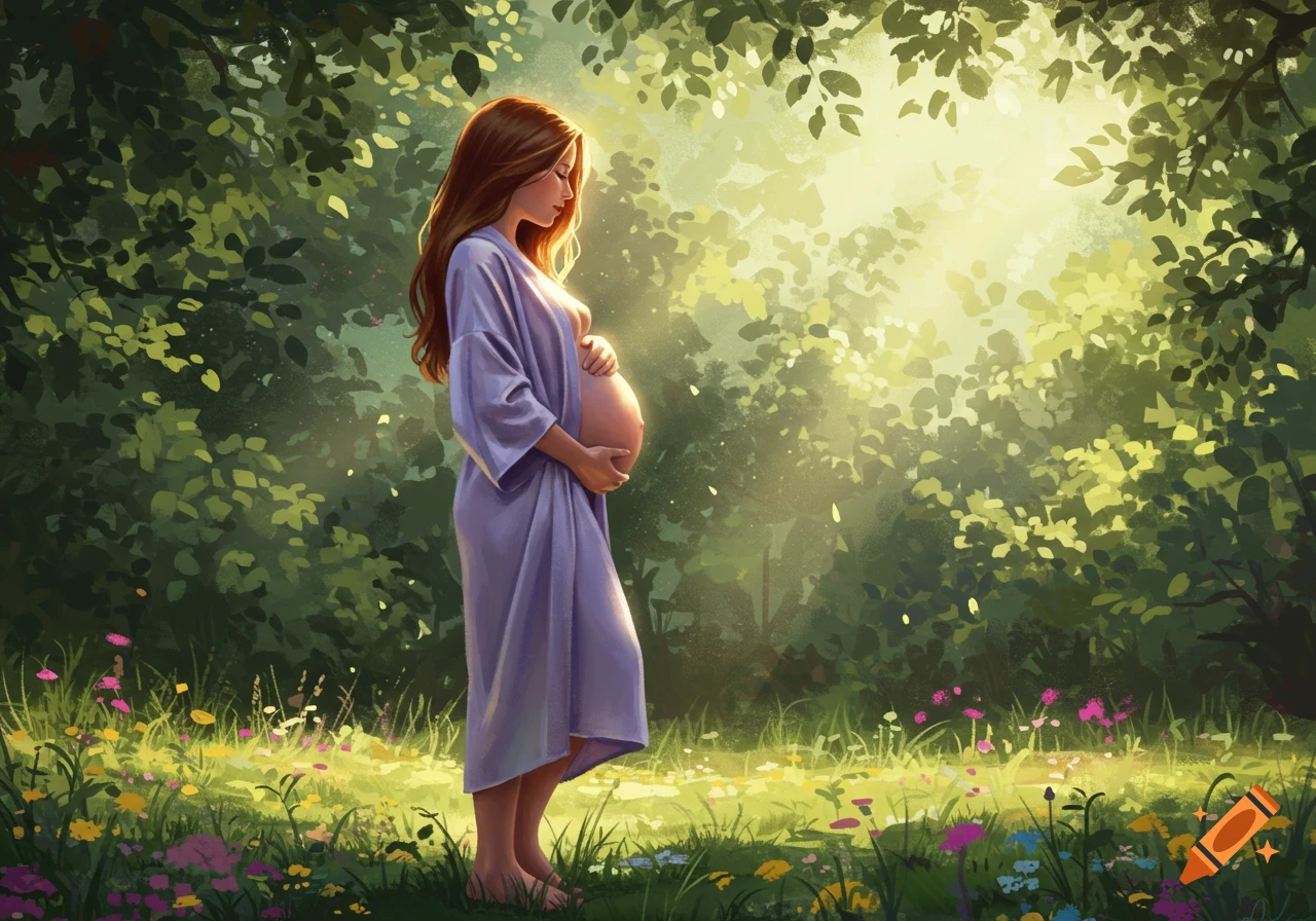 A pregnant woman in a purple robe stands barefoot in a sunlit forest clearing, holding her belly. Wildflowers bloom around her.