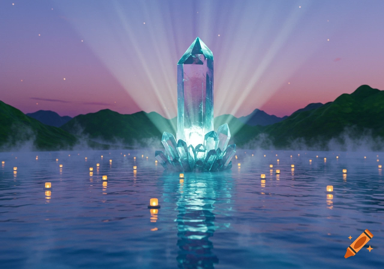 A large glowing blue crystal sits in the center of a calm lake, surrounded by small floating lanterns. Mountains are in the background under a purple sky.
