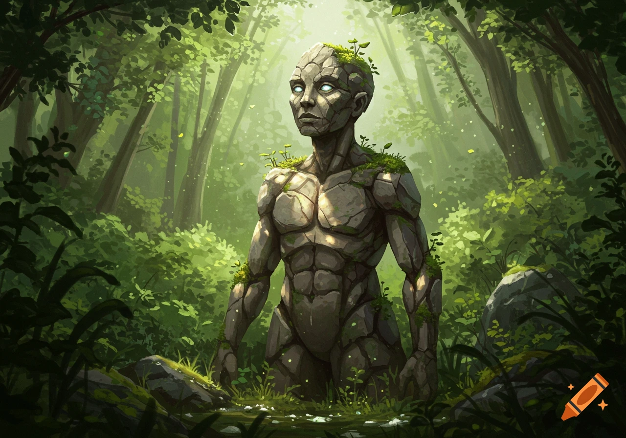 A humanoid figure made of rocks and moss stands in a sunlit green forest.