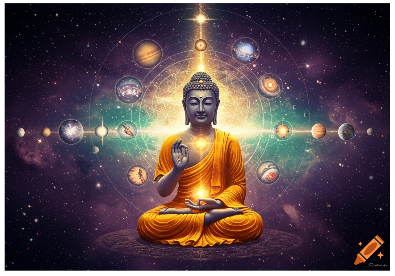 A serene Buddha statue meditates in the lotus position amidst a cosmic galaxy, surrounded by orbiting planets and radiating golden light.
