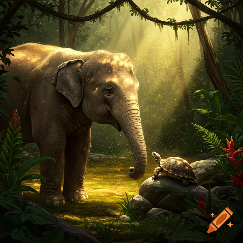 A large elephant looks down at a small turtle perched on a rock in a lush, sunlit jungle.