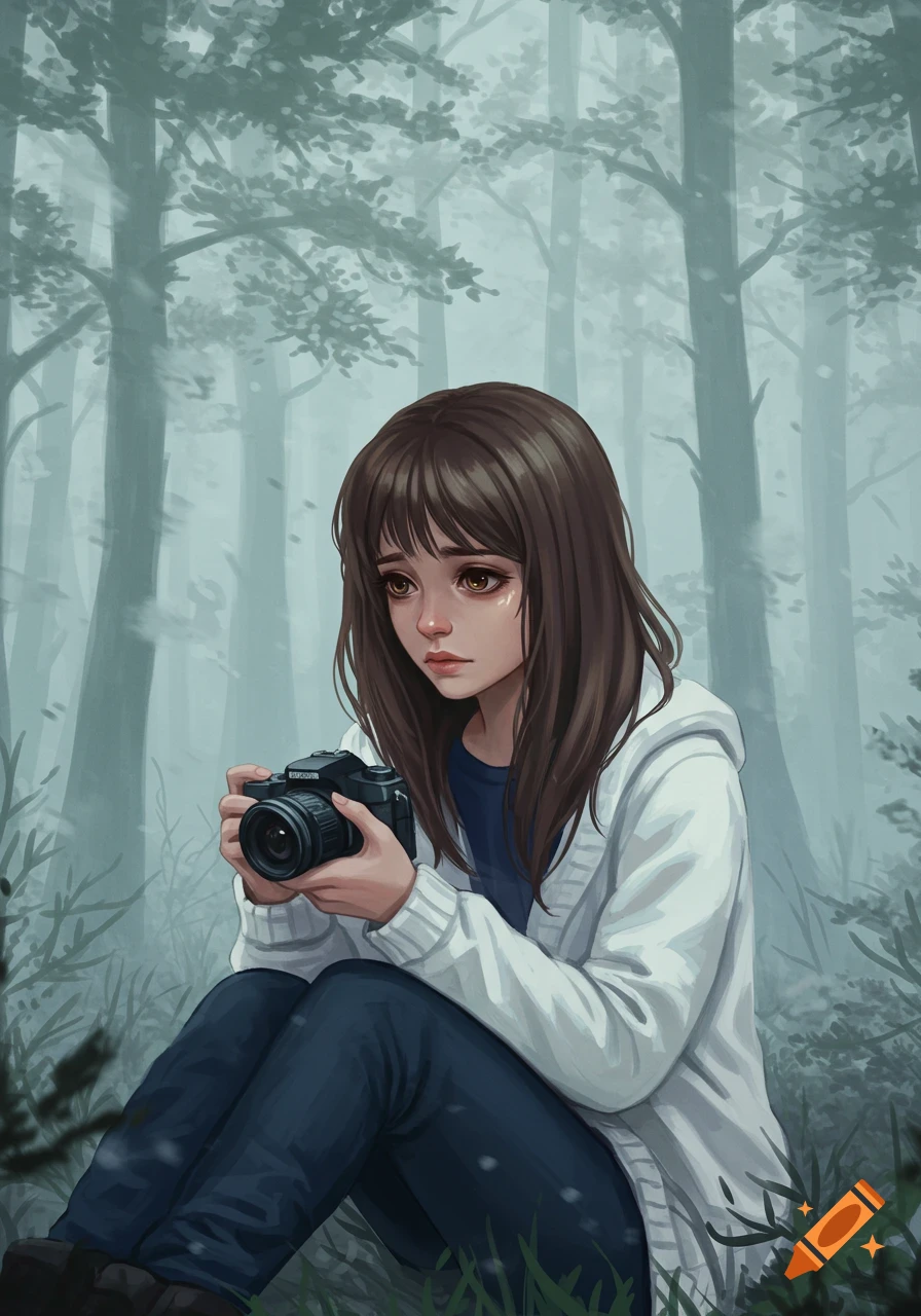 A sad young woman with brown hair sits in a misty forest, holding a camera and looking down in a digital illustration style.