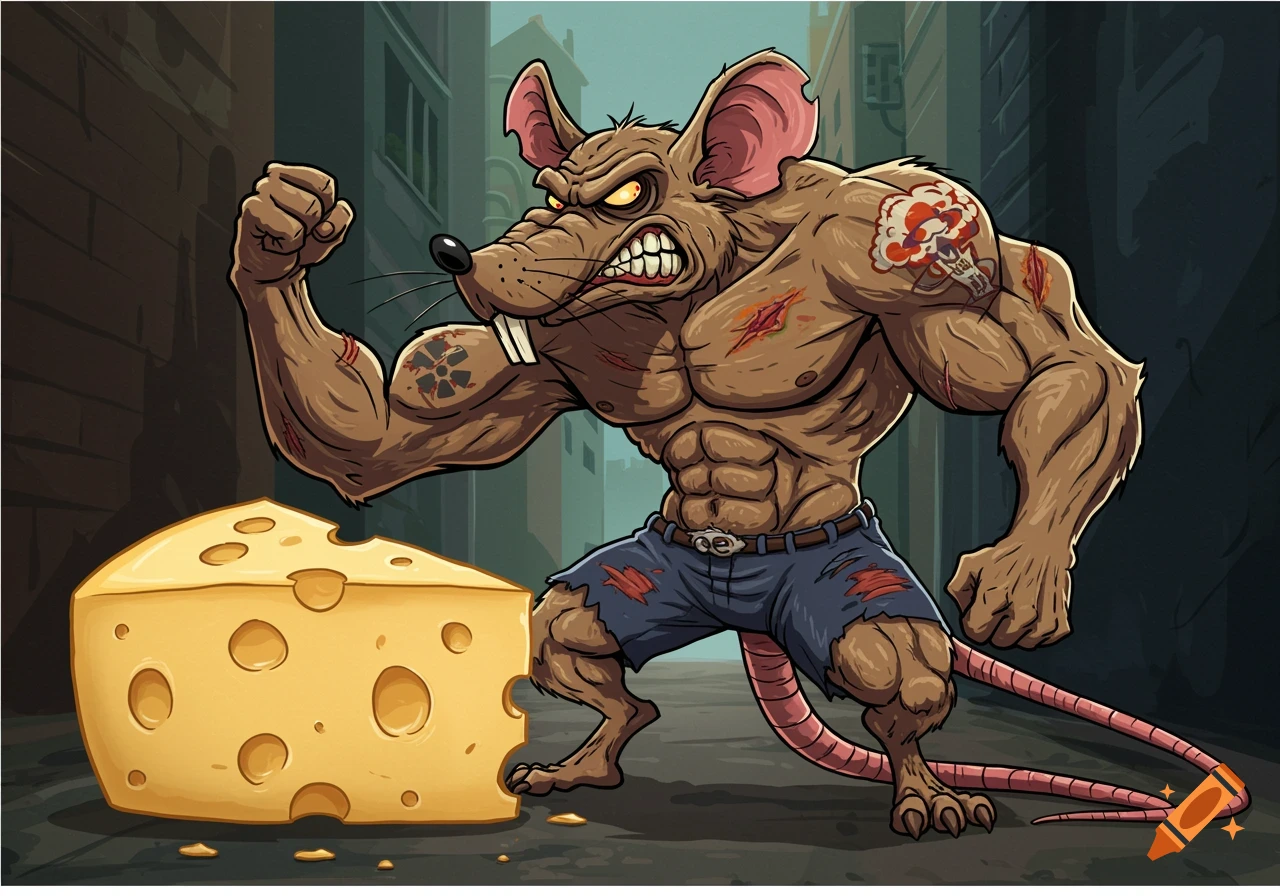 Cartoon menacing muscular rat with scars and a tattoo, flexing next to a large block of Swiss cheese in an alley.