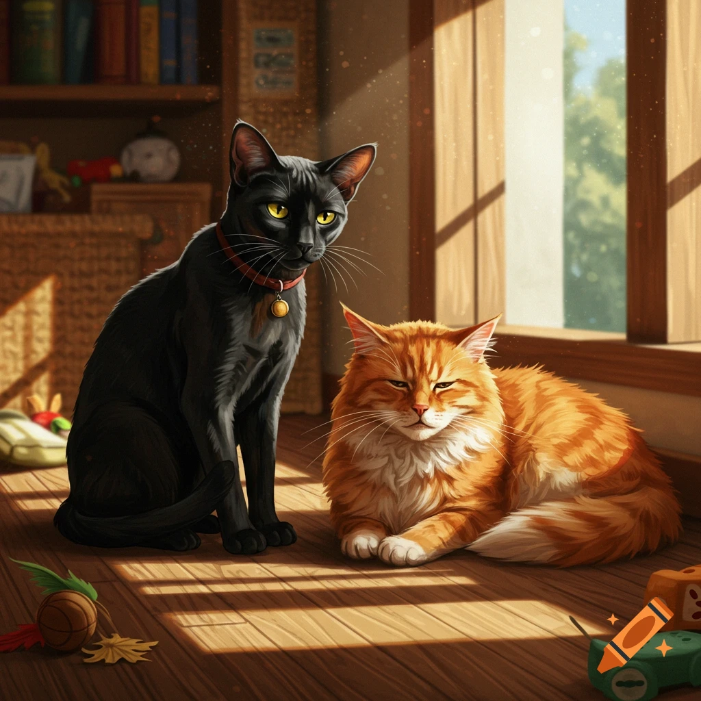 A black cat with a red collar sits next to a fluffy orange cat lying on a sunlit wooden floor in a room.