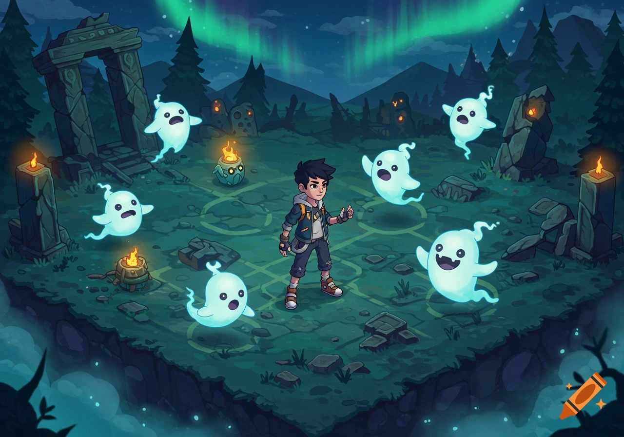 An isometric view of a young boy surrounded by cute, glowing white ghosts on a floating island with ancient ruins and a vibrant aurora borealis in the night sky.