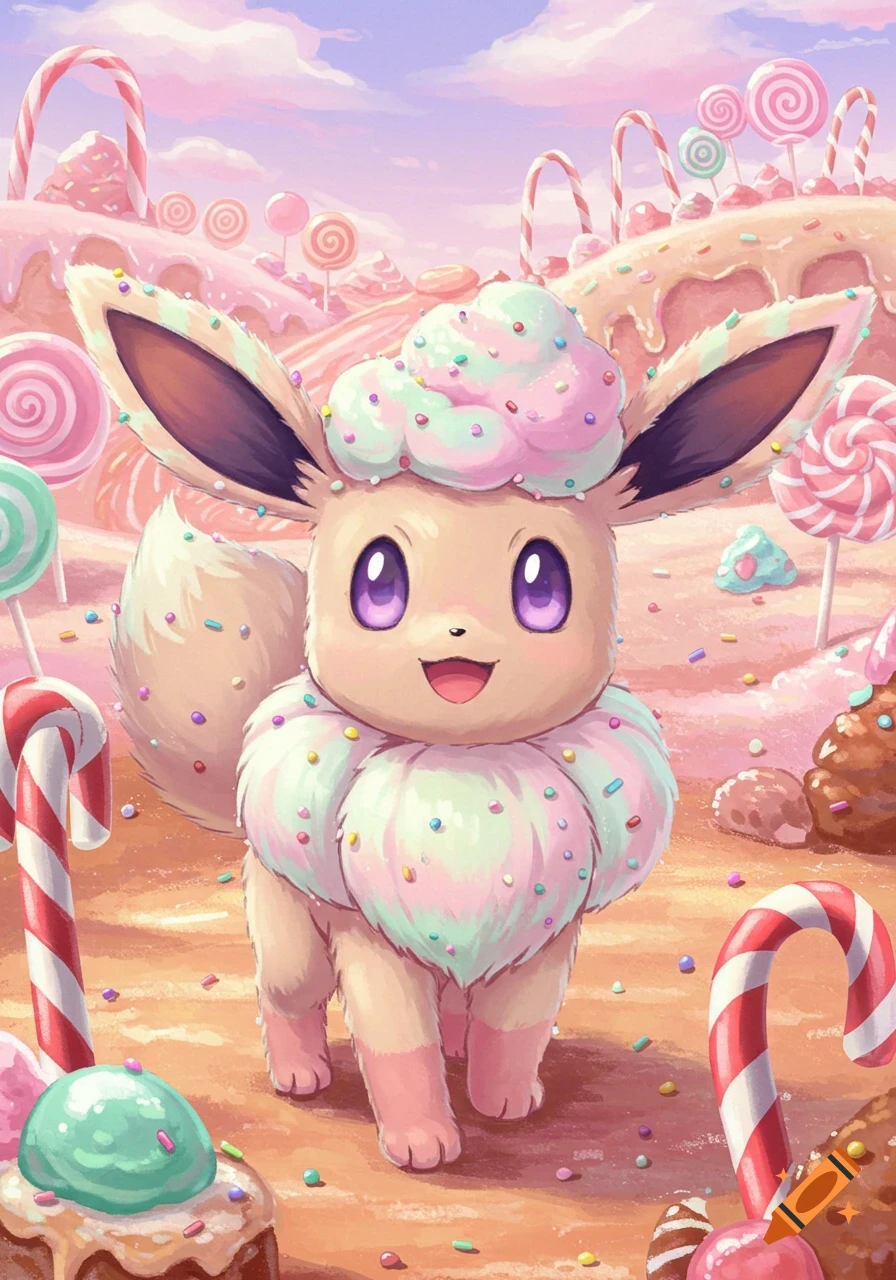 A cute, fluffy Eevee with pastel candy frosting and sprinkles stands in a whimsical candy land with lollipops and candy canes, in an anime style.
