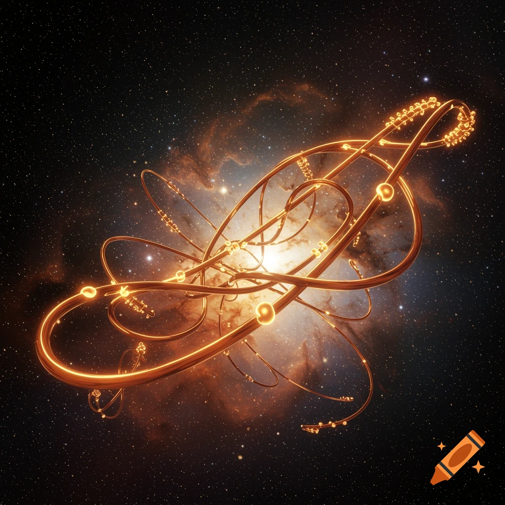A glowing golden musical symbol made of tubes and spheres, set against a vibrant nebula and starry space background.