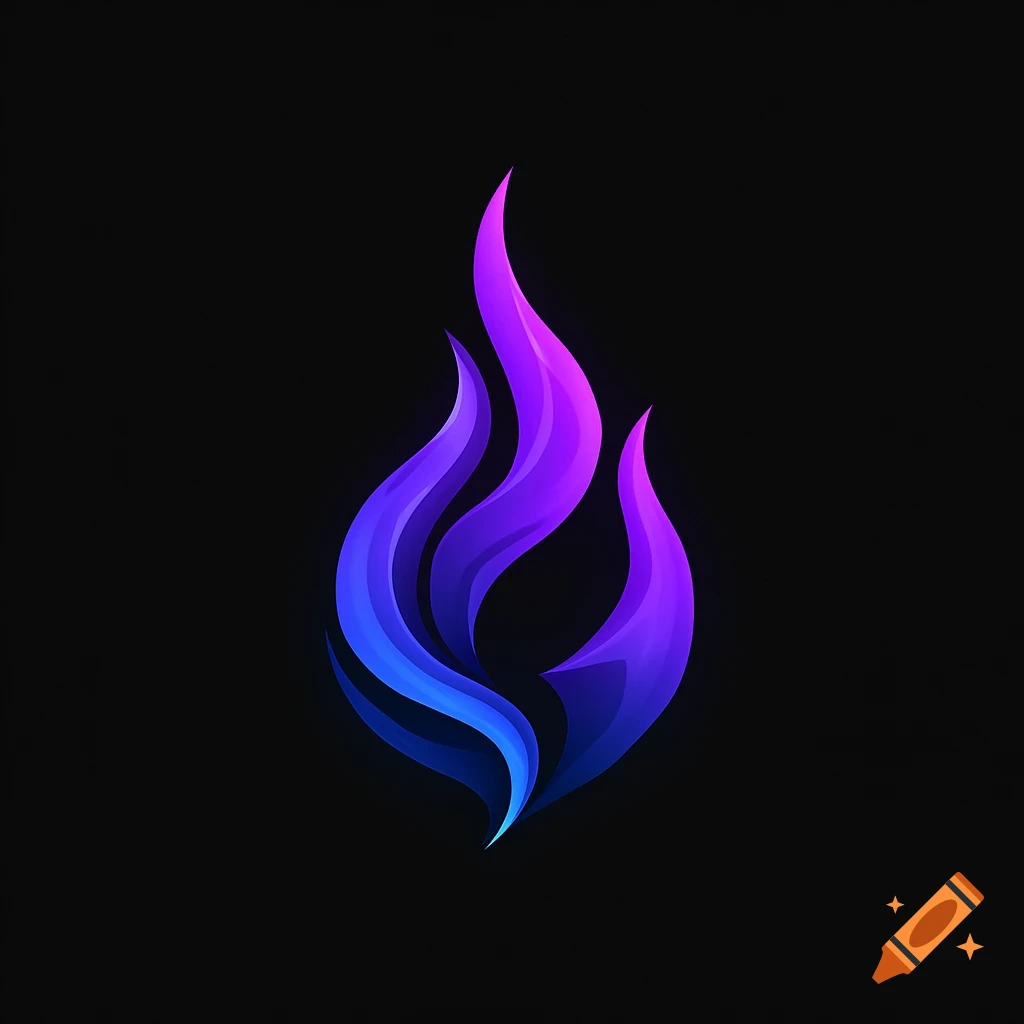 A stylized flame logo with gradients of blue and purple on a black background.