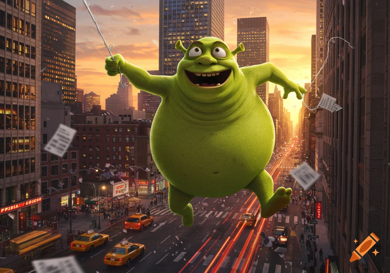 Photorealistic image of Shrek swinging like Spiderman through a bustling New York City street at sunset.