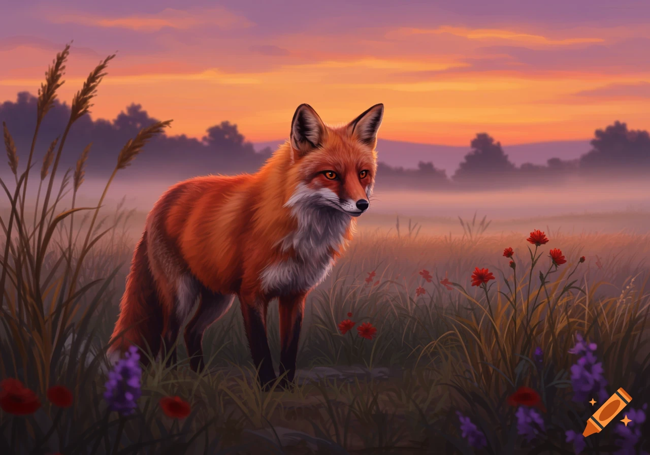 A red fox stands in a misty field with tall grasses and red flowers at sunset.