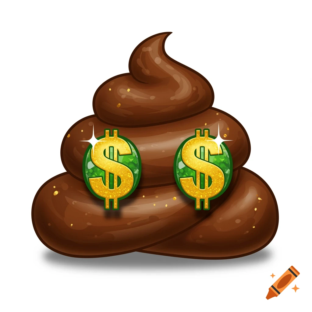 A cartoon poop emoji with sparkling gold dollar signs for eyes on a white background.