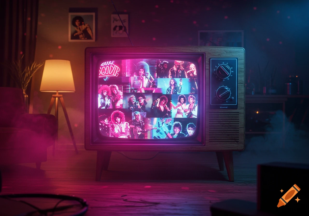 An 80s television displays music videos in a dark room illuminated by vibrant pink and blue neon lights.
