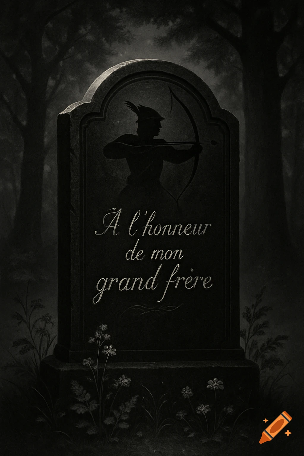 A dark, monochromatic image of a tombstone in a forest. The tombstone features a silhouette of a person with a feathered hat drawing a bow, reminiscent of Robin Hood, and reads 'À l'honneur de mon grand frère' in script.